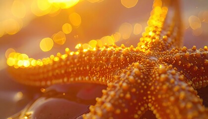 image displays a detailed view of a starfish, showcasing its textured surface and intricate pattern illuminated by soft, golden sunlight creating a warm and serene atmosphere with blurry background...