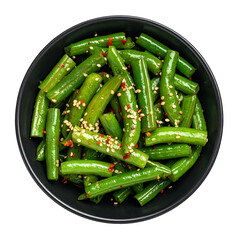 Overhead shot of a black bowl filled with bright green cooked green beans, seasoned with spices