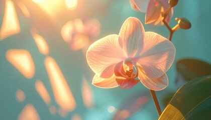 Delicate orchid flower in soft focus, bathed in warm sunlight with a glowing effect and a serene, dreamy atmosphere, highlighted by the bokeh effect and a gentle, pastel color palette in a tranquil...