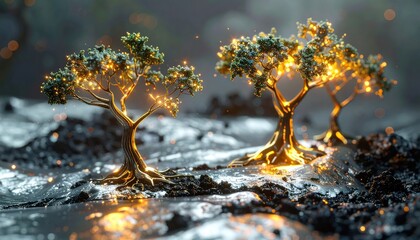 Glowing trees illuminate a landscape with sparkling highlights, showcasing a serene and magical ambiance, displaying vibrant gold, green, and silver hues, offering a captivating spectacle of nature.