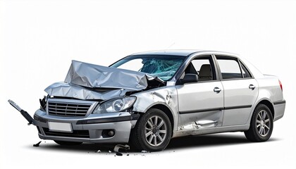 Obraz premium Silver Sedan with Severe Front-End Damage from Car Accident, Broken Windshield and Crushed Hood on White Background
