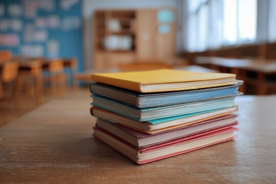 Old Study Notebooks on Wooden Table Classroom Setting