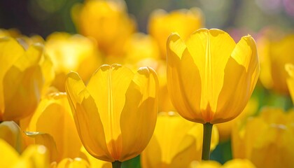 Obraz premium Vibrant yellow tulips in a garden setting, close-up view highlighting the delicate petals and warm sunlight.