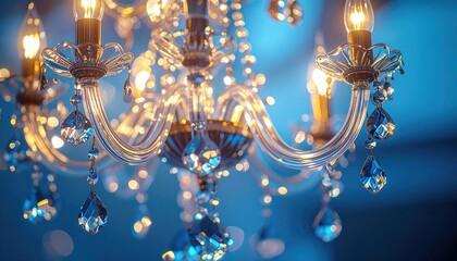 Sparkling chandelier displays graceful curves and ornate detailing, showcasing warm, glowing light against a blurred blue backdrop, presenting an elegant and luxurious aesthetic.