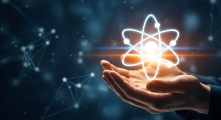 Innovative scientist cradles glowing atom symbol, representing breakthrough discovery and the power of scientific advancement in a modern digital world.