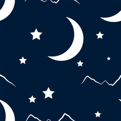 Cartoon starry seamless pattern. Flat night repeating background with stars and moons. Dark cosmos pattern with white stars. Blue night sky. Vector Illustration. Cosmic stars in darkness space print.