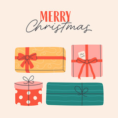 Cute Christmas greeting card with gift boxes. Festive gifts for winter holidays. Flat vector illustration