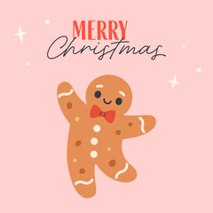 Cute Christmas greeting card with festive gingerbread man. Holiday pastry, cookies. Christmas design for card, banner, poster. Flat vector illustration