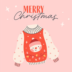 Cute Christmas greeting card with knitted sweater. Ugly Christmas sweater party. Design for poster, card, banner. Flat vector illustration