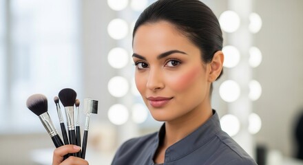 Makeup Artist's Expertise: A radiant makeup artist, her skin a canvas of artistry, holding a selection of brushes, ready to craft beauty and unveil confidence.
