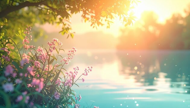 Vibrant sunlight bathes a tranquil lake scene, highlighting colorful wildflowers and lush green foliage on the bank in a beautiful, natural setting that reflects a warm and serene mood, capturing a...