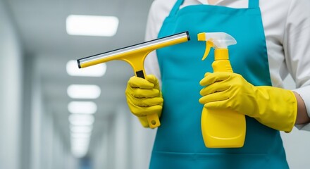Professional cleaner ready with squeegee and spray bottle, ensuring sparkling clean surfaces with efficiency and care