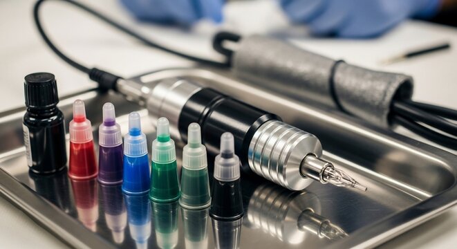 Tattoo Studio Setup: A professional setup featuring tattoo machine, array of vibrant ink bottles, a nod to the skilled artist's workspace and the art of self-expression. 