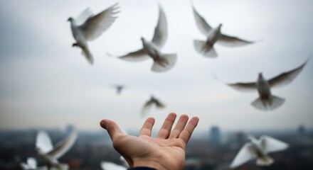 Hopeful hand releases flock of white doves into a cloudy sky symbolizing freedom, peace, and new beginnings