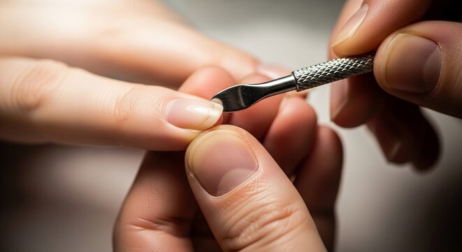 Nail Care Ritual: An up-close view captures the precise moment of a manicurist using a cuticle pusher, gently attending to a client's nail in a serene setting.