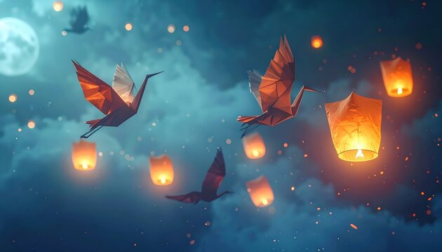 Origami cranes gracefully fly through a dark sky illuminated by glowing lanterns and a full moon, creating a whimsical and magical scene with a sense of peace, wonder, and celebration of light and... - Powered by Adobe