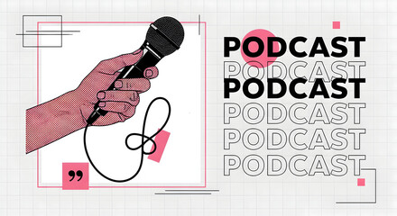 Hand holding a microphone with podcast text overlay for audio content creation and digital storytelling in a modern graphic design style