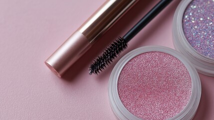 Flat lay beauty shot featuring classic makeup products