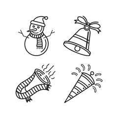 Festive christmas icons set snowman bell presents and carrot for holiday design isolated on transparent background