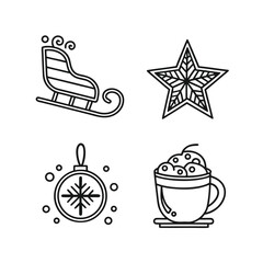 Four festive christmas icons in simple outline style for holiday design isolated on transparent background