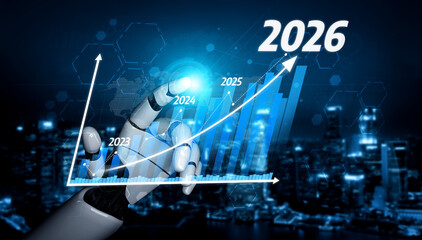 Fototapeta na wymiar A futuristic robotic hand interacts with a rising growth chart, symbolizing the advancements in technology and data forecasting for the years ahead. Tessel