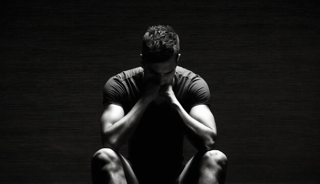 A pensive individual sits in solitude, captured in a monochromatic study. The image resonates with introspection, highlighting the depth of human sentiment