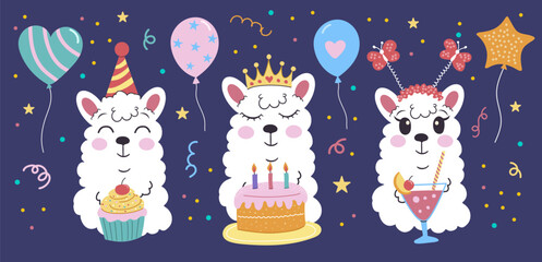 Happy birthday card with cute cartoon llama stickers. Birthday party vector illustration for greeting card