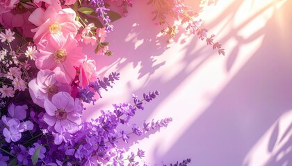Delicate arrangement showcasing an array of beautiful blossoms including pink anemones, lavender and other delicate flowers, casting soft shadows with warm lighting across a soft, pastel colored...