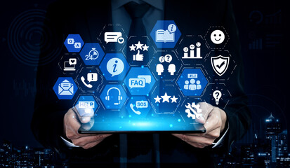 FAQ and online help icons show question, answer, and support system. FAQ improves online help experience, customer service quality, and FAQ knowledge access. Entice