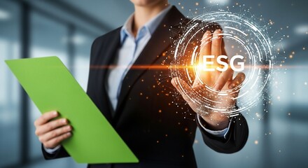 Professional executive interacts with glowing ESG digital interface, symbolizing sustainable business growth and corporate responsibility in a modern office.