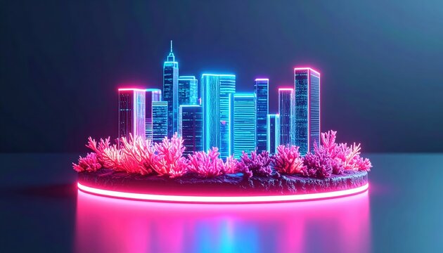 A futuristic cityscape glows with neon lights in shades of blue and pink, featuring stylized buildings surrounded by coral-like structures on a circular platform, creating an abstract architectural... - Powered by Adobe
