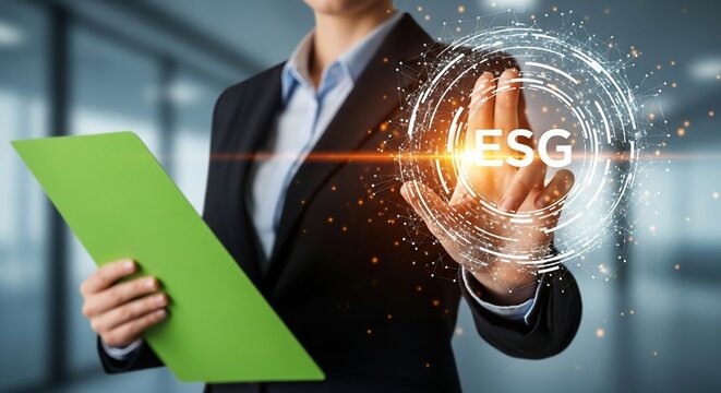 Professional executive interacts with glowing ESG digital interface, symbolizing sustainable business growth and corporate responsibility in a modern office. - Powered by Adobe