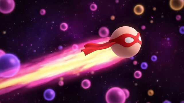A whimsical superhero sperm cartoon sphere zipping through a vibrant cosmic landscape.