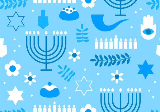 Hanukkah seamless pattern. Jewish seamless pattern with flowers and star of David. Hanukkah background