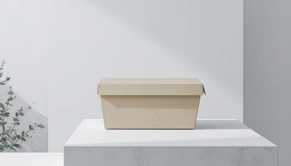 Neutral-toned cardboard container with lid, presented on a clean, white pedestal, highlighting minimalist design against a stark white background, with soft shadows and a touch of greenery for...