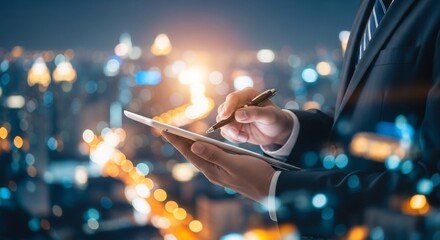 Sophisticated businessman using tablet with bokeh city lights creating modern professional atmosphere for business success and global connection