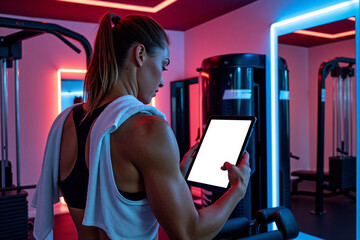 Fit woman with braids using digital tablet for workout plan in futuristic gym with neon lights. Concept of fitness technology, smart gym, and tracking progress with modern fitness apps