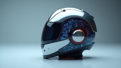 Modern, futuristic helmet design displays a sleek, metallic aesthetic with a black visor and a digital, pixelated pattern on the side panels, presented against a light blue background.