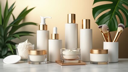 Cosmetic products are presented on a marble surface, featuring a selection of skincare items including creams and serums alongside makeup brushes, showcasing a luxury beauty concept with natural...