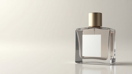 Clear glass bottle with a golden cap, showcasing a blank white label and a sophisticated design, placed on a softly illuminated, reflective surface with a neutral background, exhibiting a modern...