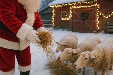Santa claus feeding sheep in a snowy farmyard scene with festive holiday decor and warm lighting - concept of winter celebration, farm animals, christmas tradition