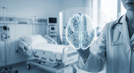 Doctor innovates healthcare with advanced AI brain technology, safeguarding patient futures in a modern medical setting
