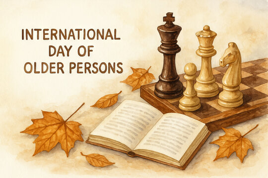 Autumn chess pieces by open book with falling leaves scene. concept of intellectual activity, seasonal change, strategic game. illustration of learning and entertainment.