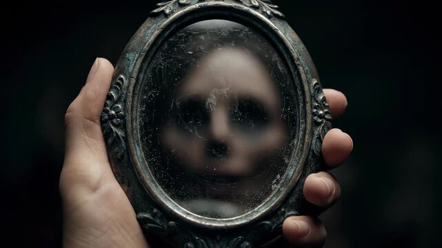Close-Up of Hand Holding Distorted Silver Mirror