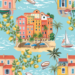 Obraz premium Italian town, beach, boat, umbrella, sailboat, lemon tree, palms, sea wave seamless pattern. Summer Mediterranean coast print.