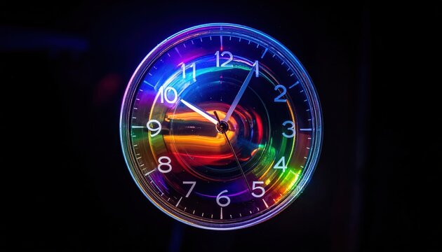 A luminous, glowing clock face is centered against a dark background, showcasing a vibrant spectrum of colors that create a visually striking and dynamic appearance. - Powered by Adobe