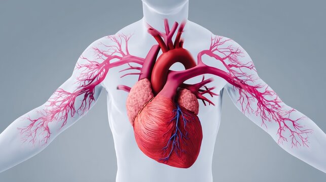 Man's heart is shown in red and white. The heart is surrounded by red veins, and the veins are shown in blue. Concept of life and vitality