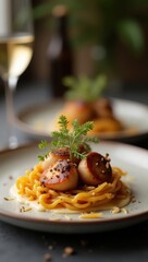 This image displays a fine dining arrangement, showcasing a plate featuring a delectable seafood dish alongside a wine glass with a bright, warm color.