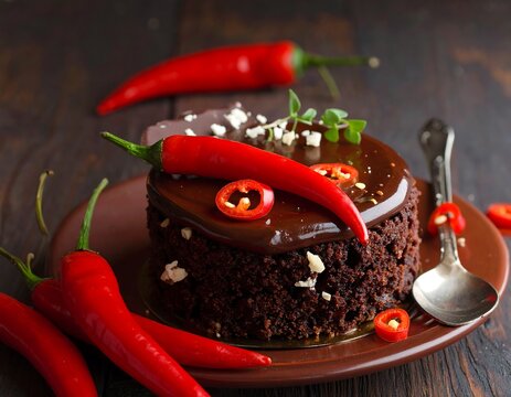 A delectable chocolate cake adorned with vibrant chili peppers, showcasing a rich dark brown hue and a tempting dessert.