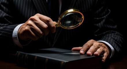 Professional investigator meticulously examining important document with magnifying glass, revealing hidden details in dark, focused setting for legal or research purposes